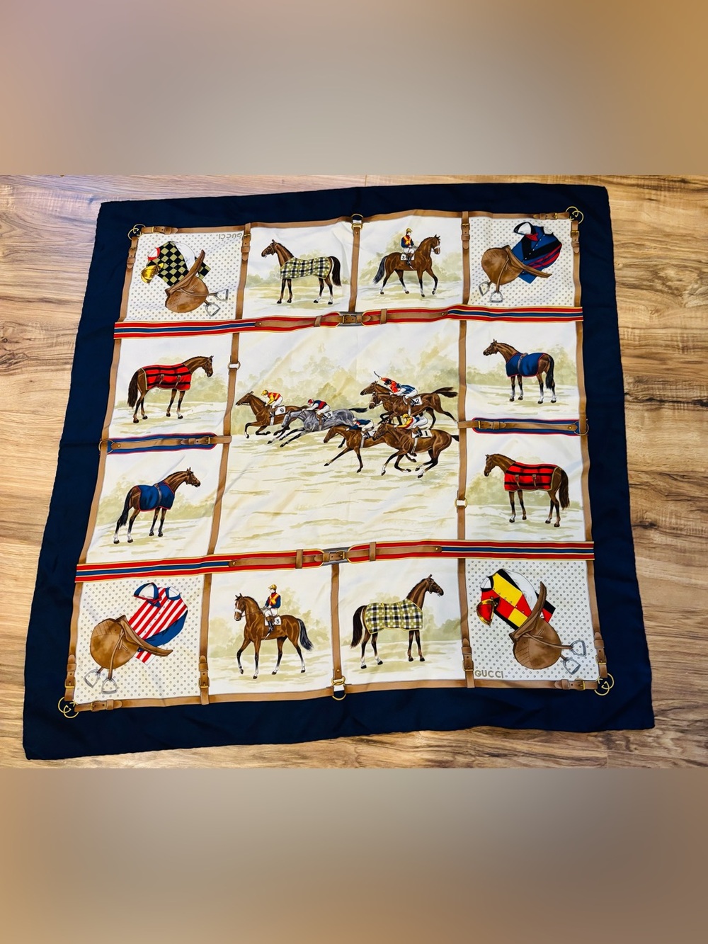 Gucci Equestrian Print Silk Scarf in Cream, Navy, Brown